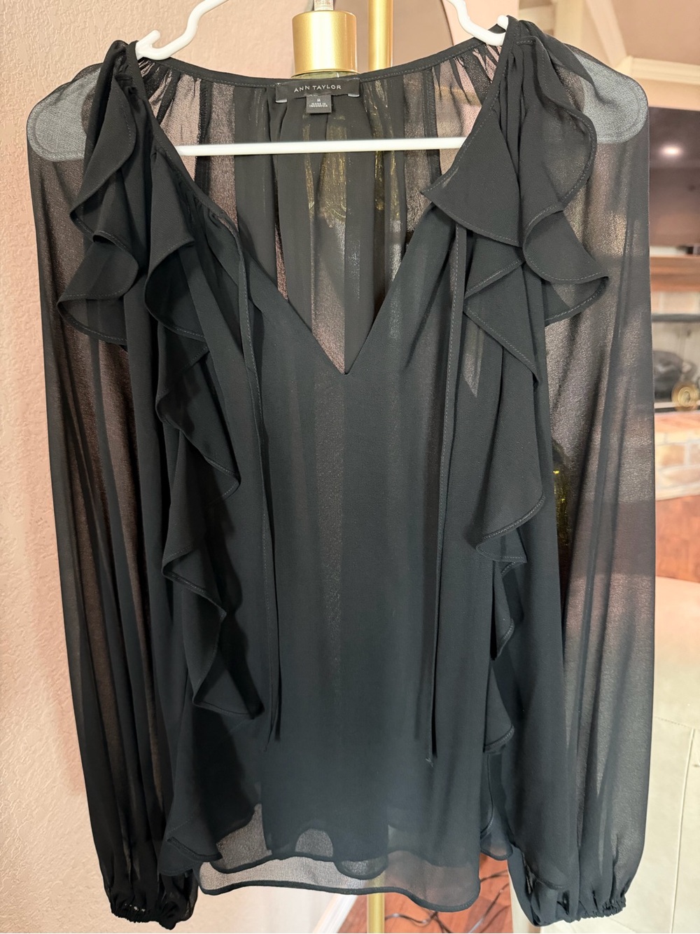 Ann Taylor Black Sheer Ruffle V-Neck Blouse